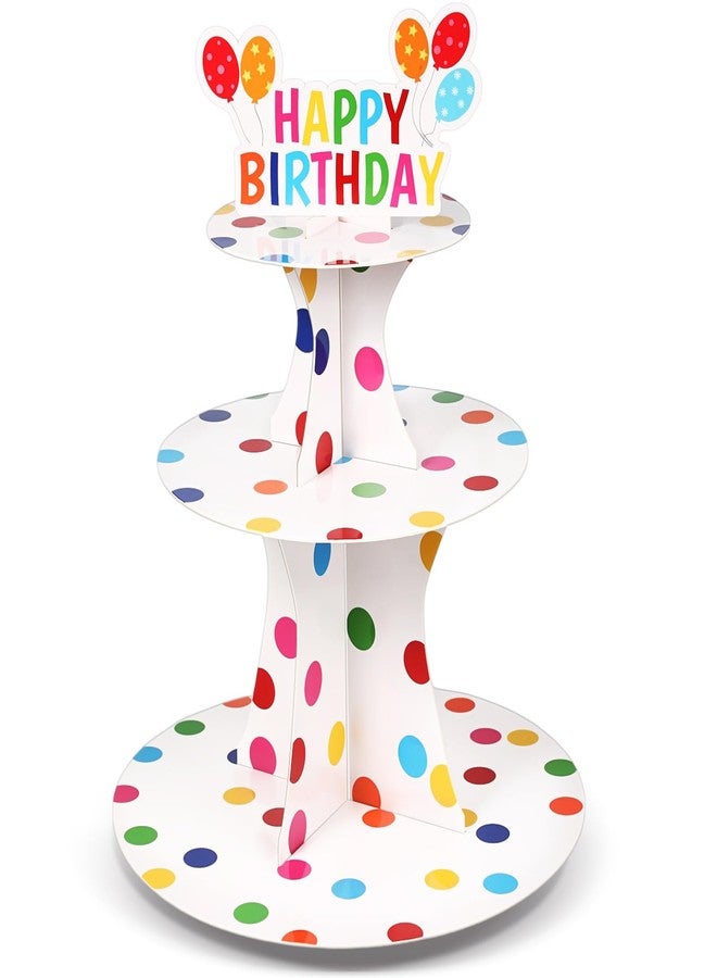 Zopeal Happy Birthday Cupcake Stand 3 Tier Birthday Party Cupcake Holder Polka Dots Cake Stand Holder Cardboard Dessert Tower for Theme Party Supplies Cake Decorations - Image 1